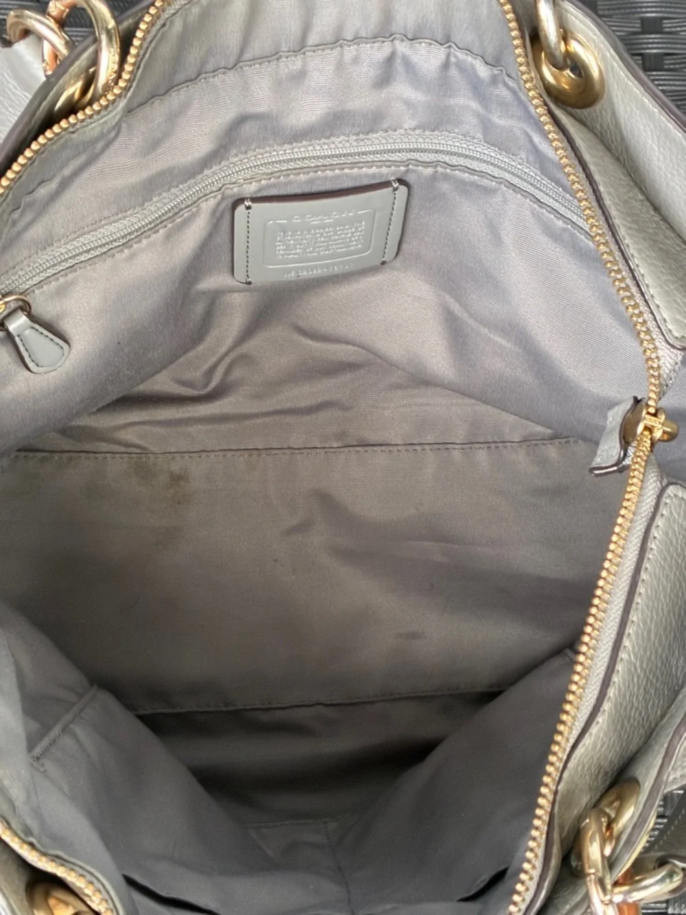 COACH Pebbled Leather Tote in Light Gray with Gold Hardware